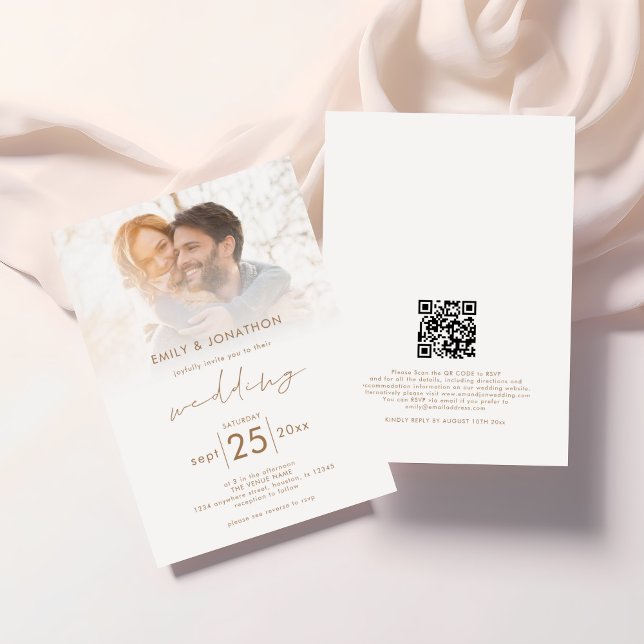 Invitation Mariage de code QR de la photo de script moderne (Front and back view)