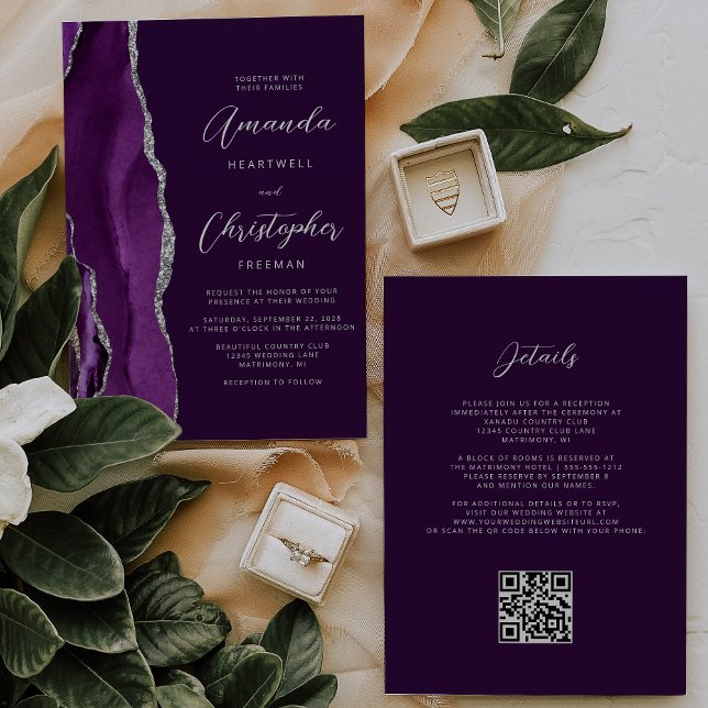 Invitation Mariage de code QR de la platine d'agate d'argent  (Créateur téléchargé)