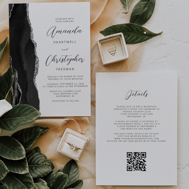 Invitation Mariage de code QR de l'Agate d'argent noir (Créateur téléchargé)