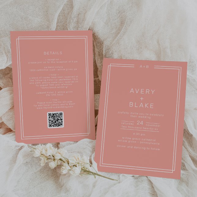 Invitation Mariage de code QR de l'AVERTISSEMENT minimal pour (AVERY Minimal Blush Peach Coral QR Code Wedding Invitation)