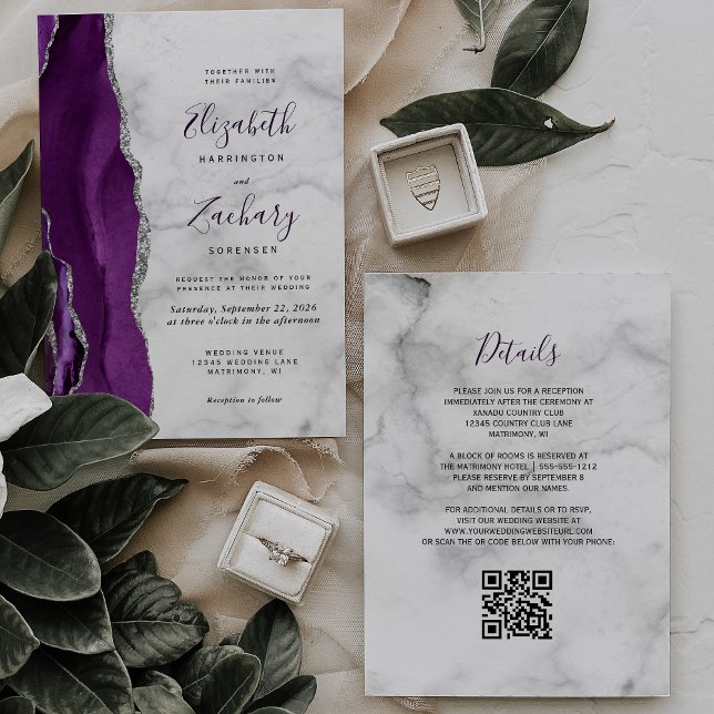 Invitation Mariage de code QR de marbre d'agate d'argent viol (Créateur téléchargé)