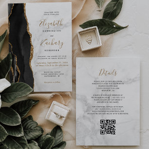 Invitation Mariage de code QR de marbre d'agate d'or noir
