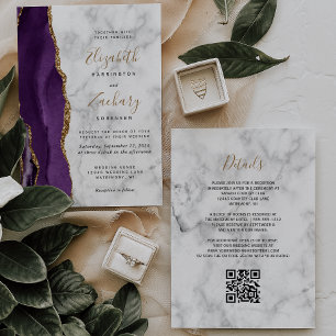Invitation Mariage de code QR de marbre d'agate d'or violet
