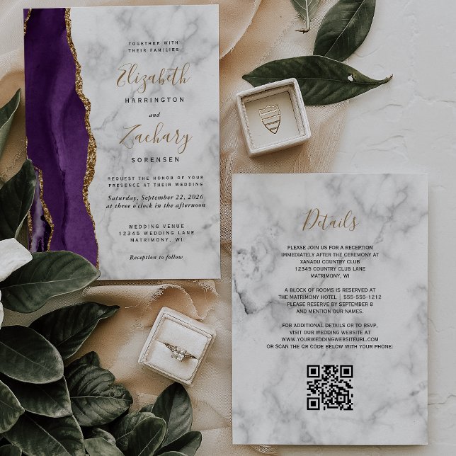 Invitation Mariage de code QR de marbre d'agate d'or violet (Créateur téléchargé)