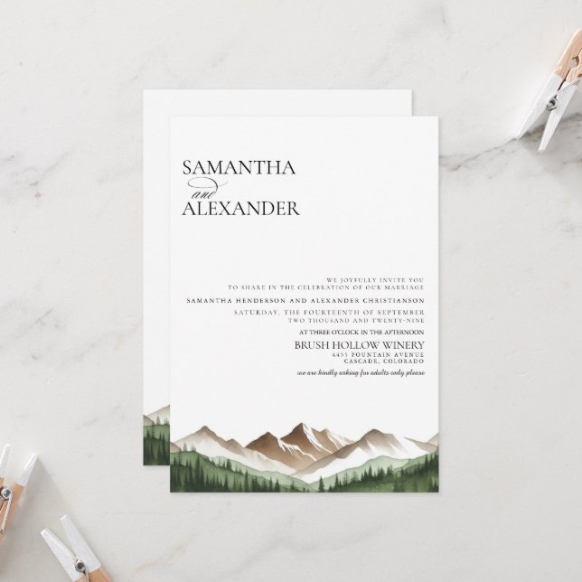 Invitation Mariage de code QR de montagne minimal (Devant/Arrière en situation)