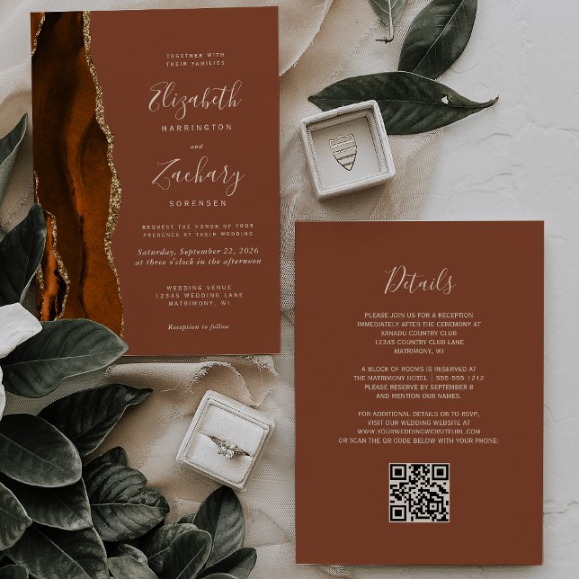Invitation Mariage de code QR de rouille or orange brûlé (Créateur téléchargé)