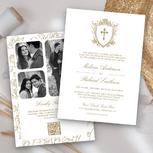 Invitation Mariage de code QR de Victoria blanc et d'or catho