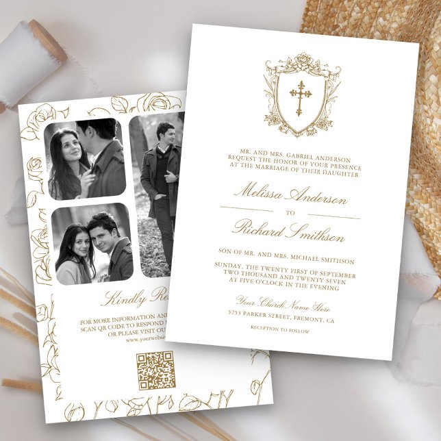 Invitation Mariage de code QR de Victoria blanc et d'or catho (Créateur téléchargé)