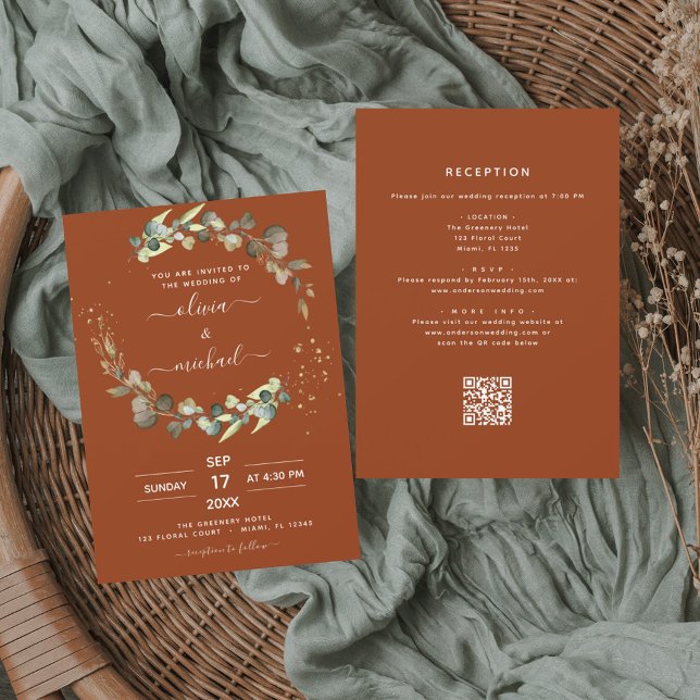 Invitation Mariage de code QR d'Eucalyptus tout en un orange  (Créateur téléchargé)