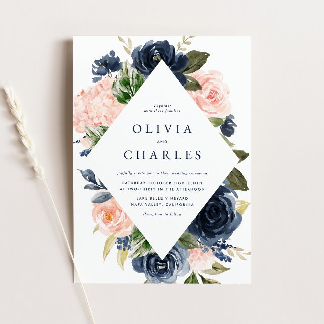 Invitation Mariage de code QR du cadre floral Blush et Navy (Watercolor Blush and Navy Floral Frame QR Code Wedding Invitation)