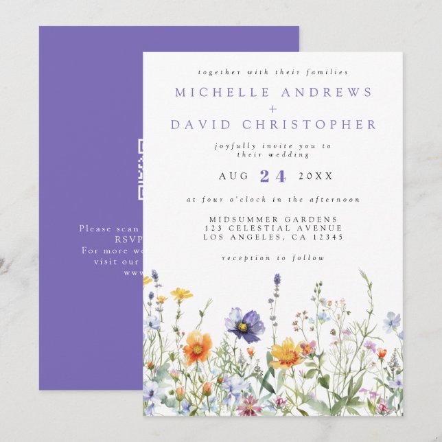 Invitation Mariage de code QR du champ fleur sauvage (Devant / Derrière)