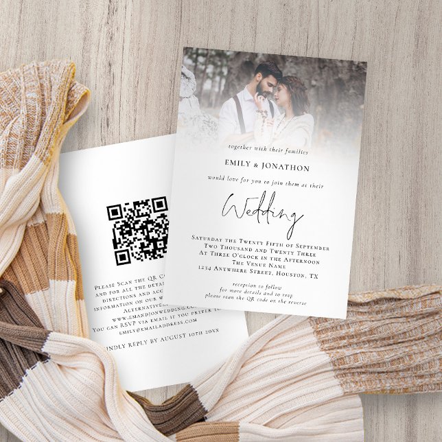 Invitation Mariage de code QR du script de superposition de p (Front and back view. Available digitally and printed. Part of a large matching wedding suite)
