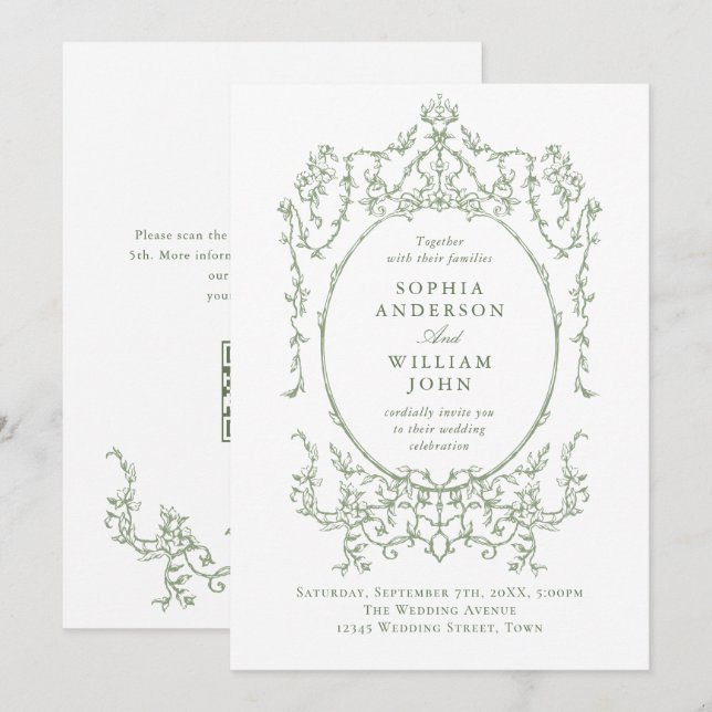 Invitation Mariage de code QR écologique de l'Orné victorien  (Devant / Derrière)