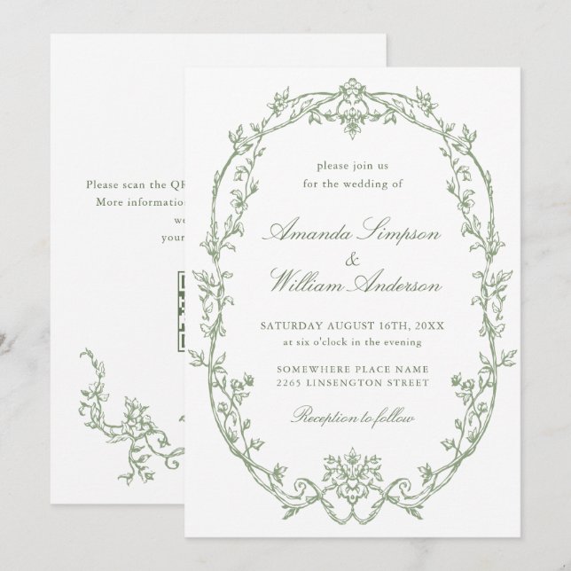 Invitation Mariage de code QR écologique de l'Orné victorien  (Devant / Derrière)