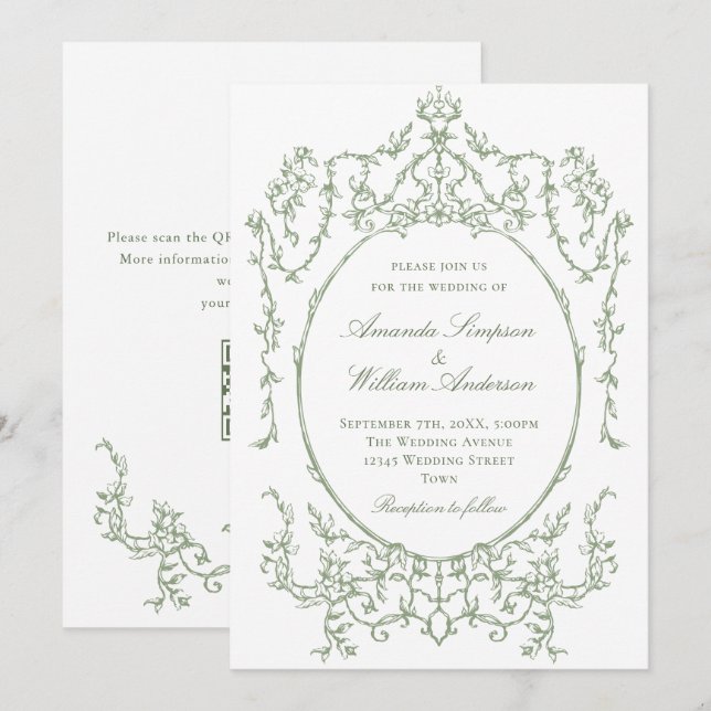 Invitation Mariage de code QR écologique de l'Orné victorien  (Devant / Derrière)