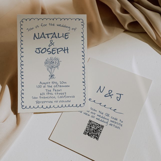 Invitation Mariage de code QR écrit bleu de la marine rétro (Créateur téléchargé)