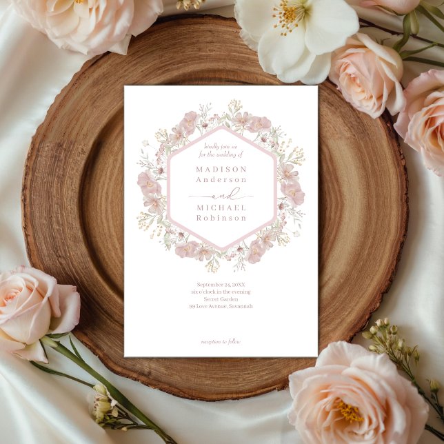 Invitation Mariage de code QR élégant du Fleur sauvage rose v (Créateur téléchargé)