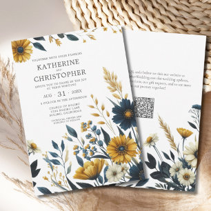 Invitation Mariage de code QR élégant Fleur sauvage jaune ble