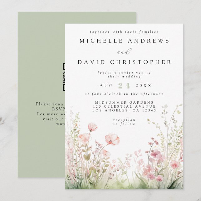 Invitation Mariage de code QR Fleur sauvage Delicate (Devant / Derrière)