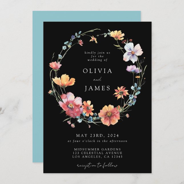 Invitation Mariage de code QR Fleur sauvage noir (Devant / Derrière)