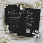 Invitation Mariage de code QR floral noir et blanc<br><div class="desc">Cet élégant faire-part de mariage feuille de verdure botanique noir et blanc peut être personnalisé avec vos informations en typographie chic avec vos détails de site web mariage et votre code QR au verso. Conçu par Thisisnotme©</div>