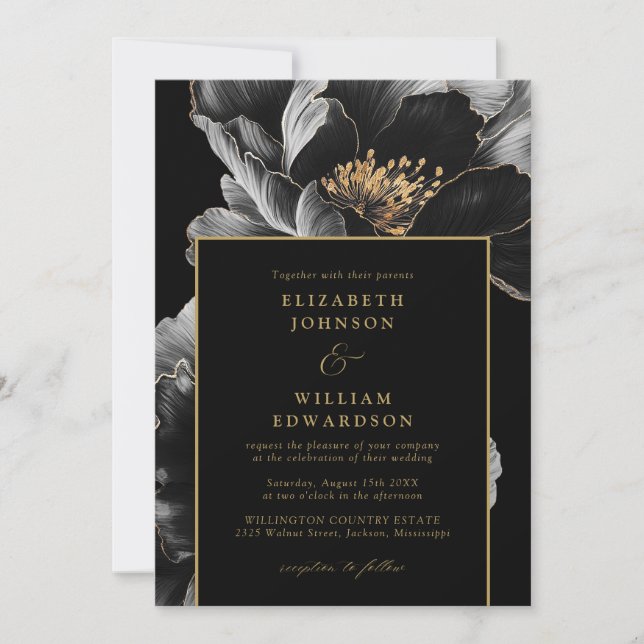 Invitation Mariage de code QR floral noir et or chic (Devant)
