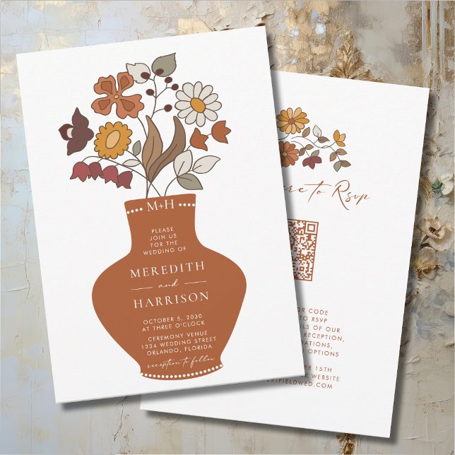 Invitation Mariage de code QR floral rétro Whimsical (Whimsical Retro Boho Floral Wedding Invitation2 for Mix and Match)