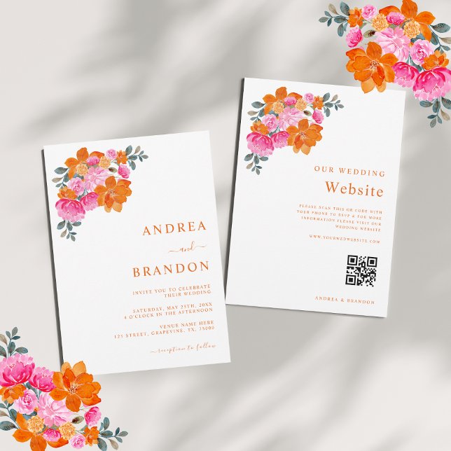 Invitation Mariage de code Qr Floral rose et orange (Créateur téléchargé)