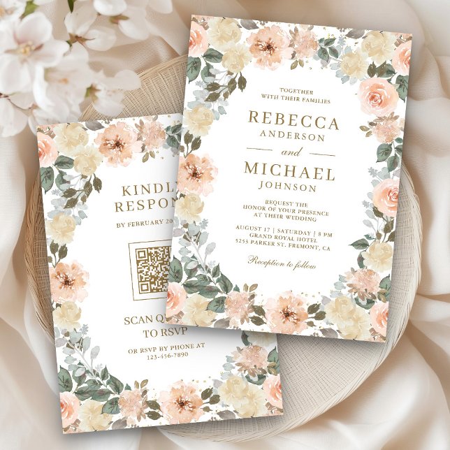 Invitation Mariage de code QR floral rustique Dusty Peach (Créateur téléchargé)