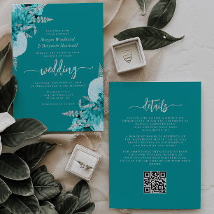 Invitation Mariage de code QR Floral Silver Turquoise