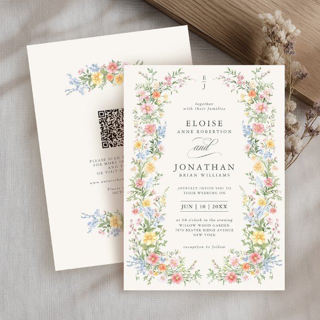 Invitation Mariage de code QR floral souple Pastel (Soft Pastel Ornate Spring Floral QR Code Wedding Invitation)