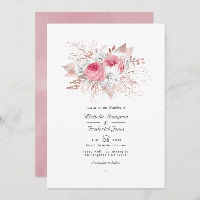 Invitation Mariage de code QR flush rose et Rose or (Devant / Derrière)
