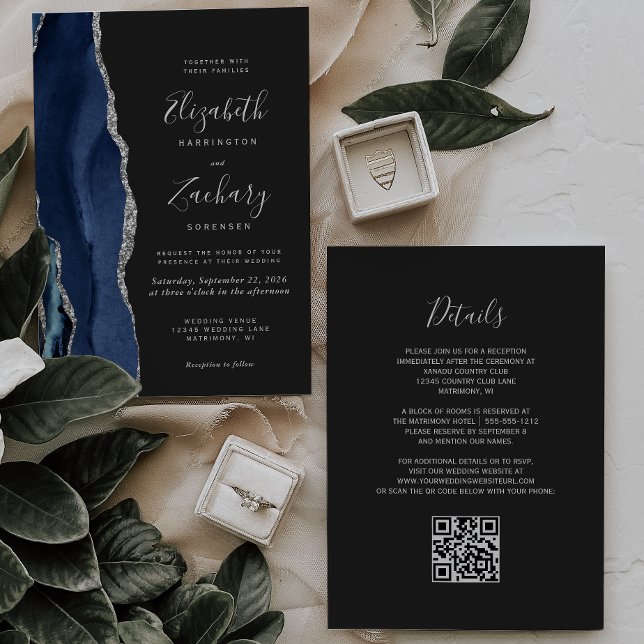 Invitation Mariage de code QR foncé bleu marine moderne (Créateur téléchargé)