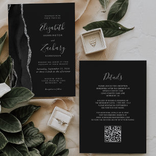 Invitation Mariage de code QR foncé de l'Agate d'argent noir