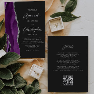 Invitation Mariage de code QR foncé de l'agate d'argent viole
