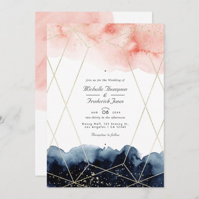 Invitation Mariage de code QR géométrique Marine & Blush Wate (Devant / Derrière)