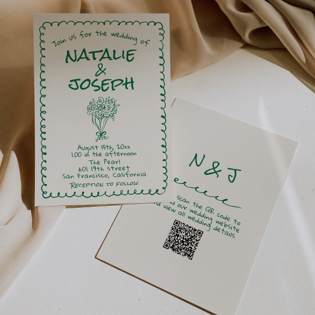Invitation Mariage de code QR irky et vert rétro (Créateur téléchargé)
