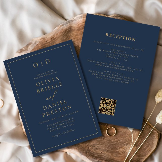 Invitation Mariage de code QR Marine Blue Gold All in One (Créateur téléchargé)
