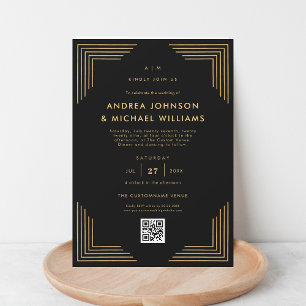 Invitation Mariage de code QR minimaliste Black Gold