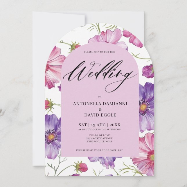 Invitation Mariage de code QR moderne rose pourpre fleuri (Devant)