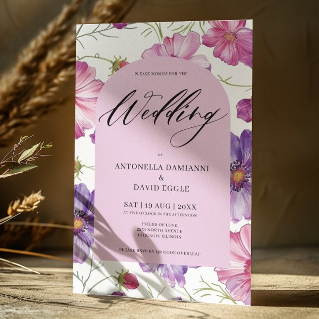 Invitation Mariage de code QR moderne rose pourpre fleuri (Créateur téléchargé)