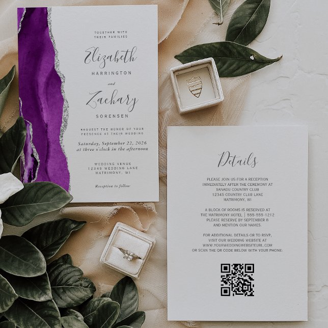 Invitation Mariage de code QR moderne violet argenté (Créateur téléchargé)