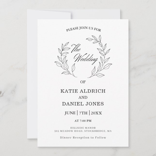 Invitation Mariage de code QR noir blanc Feuille élégant (Devant)
