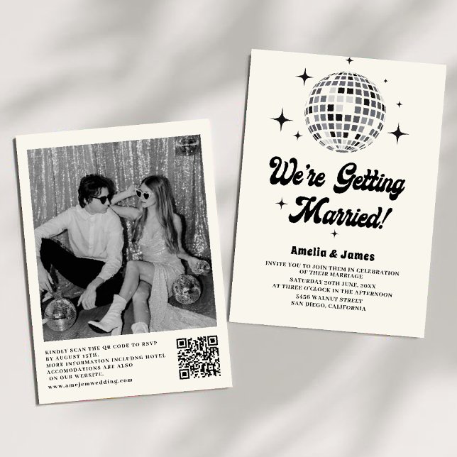 Invitation Mariage de code QR noir blanc noir de Boule Disco  (Créateur téléchargé)