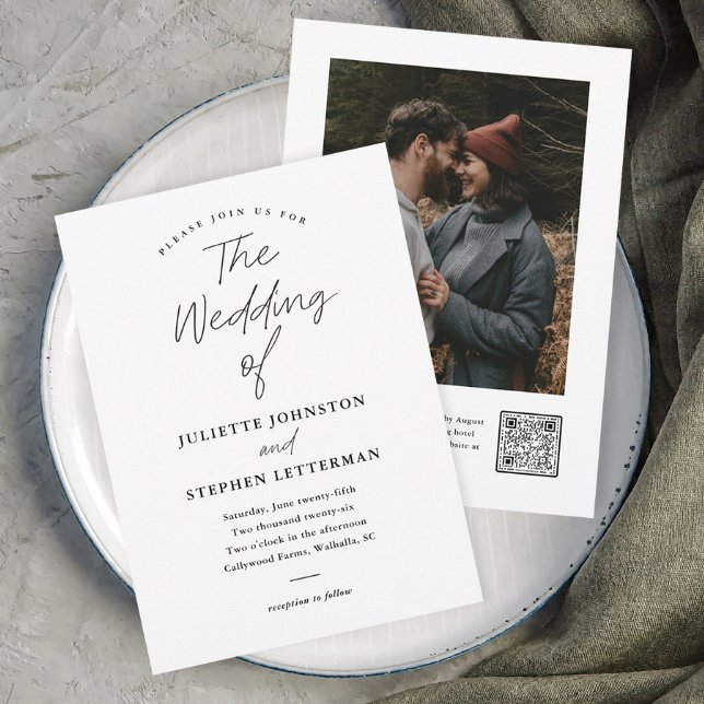 Invitation Mariage de code QR noir et blanc de script moderne (Modern script typography black and white wedding invitation with photo and QR Code Rsvp on the back.)