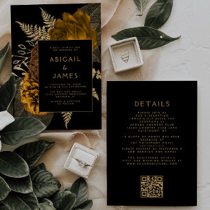 Invitation Mariage de code QR noir Floral Orange or Burn