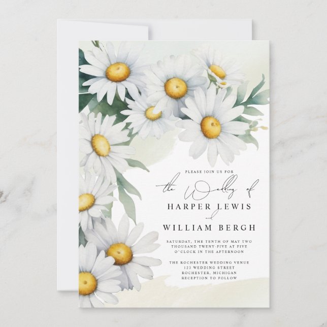 Invitation Mariage de code qr pour les marguerites d'aquarell (Devant)