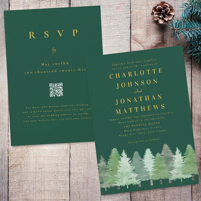 Invitation Mariage de code QR pour Woodland Forest Green Gold (Modern Woodland forest dark green and gold wedding qr code invitation Watercolor evergreen trees)
