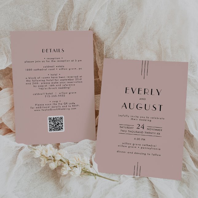 Invitation Mariage de code QR rose et rose rose rose rose ros (EVERLY Retro Art Deco Blush Pink QR Code Wedding Invitation)