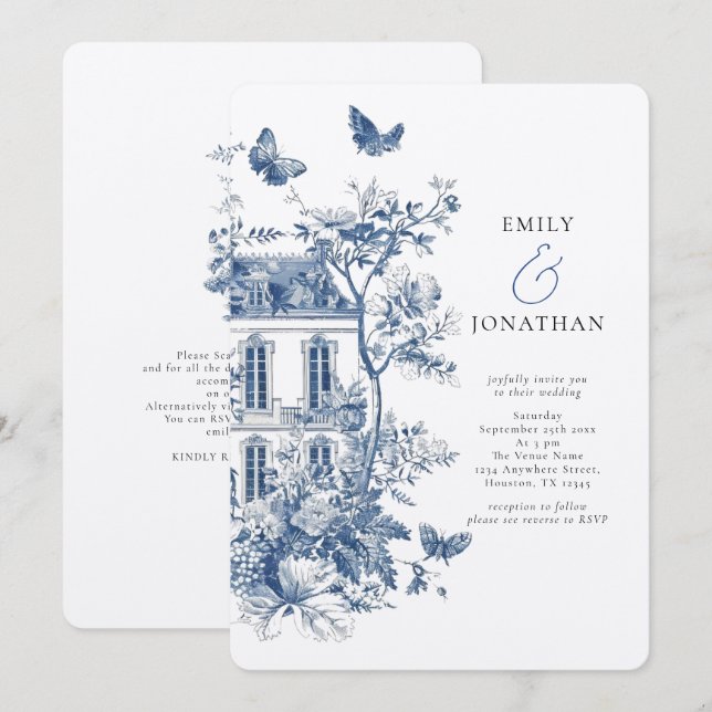 Invitation Mariage de code QR Rustique Blue Toile De Jouy (Devant / Derrière)